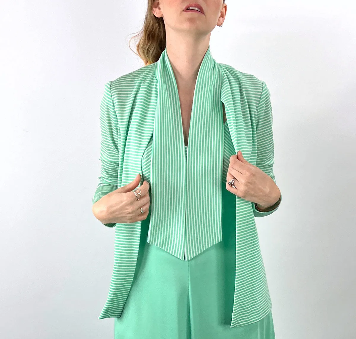 70s Maxi Dress & Jacket Mint Green Stripe Vintage Joan Sparks for Alamor VFG Small