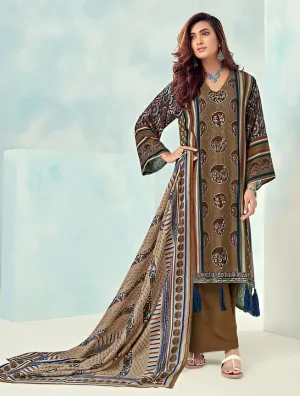 Brown Unstitched Printed Muslin Silk Suit Dress Material for Women