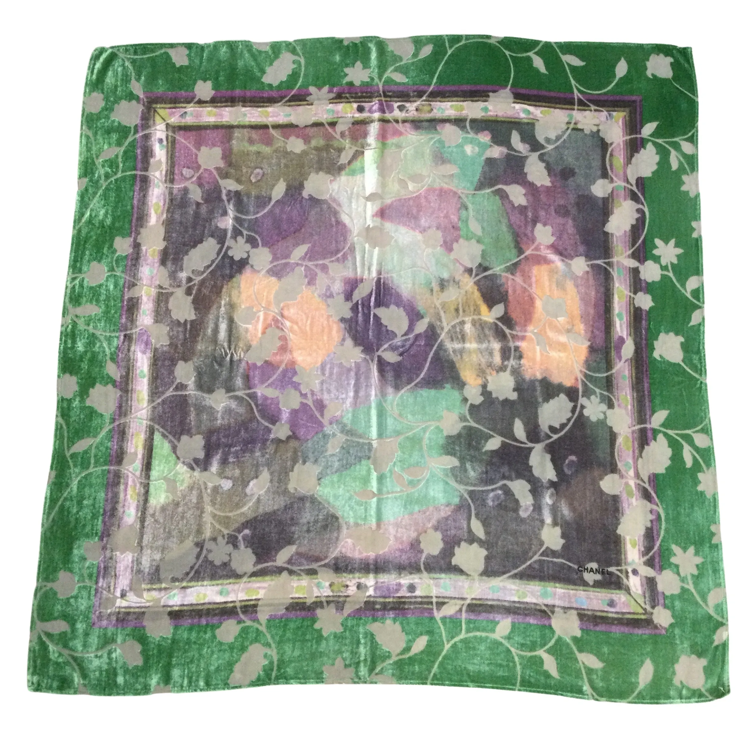 Chanel Green / Purple Leaf Design Square Scarf/Wrap