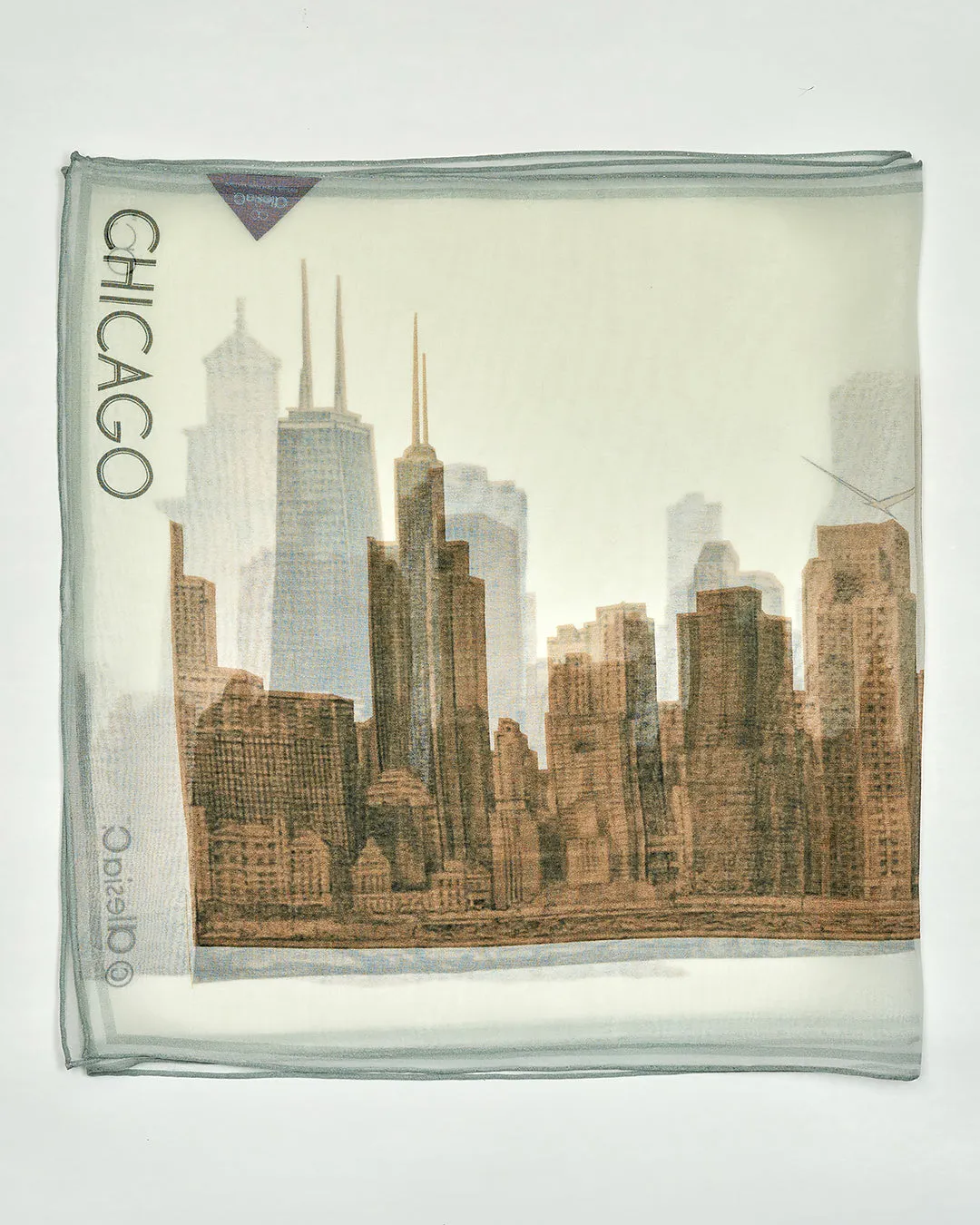 CHICAGO Skyline Designer 100% Silk Georgette Long Rectangle Scarf in Gold White