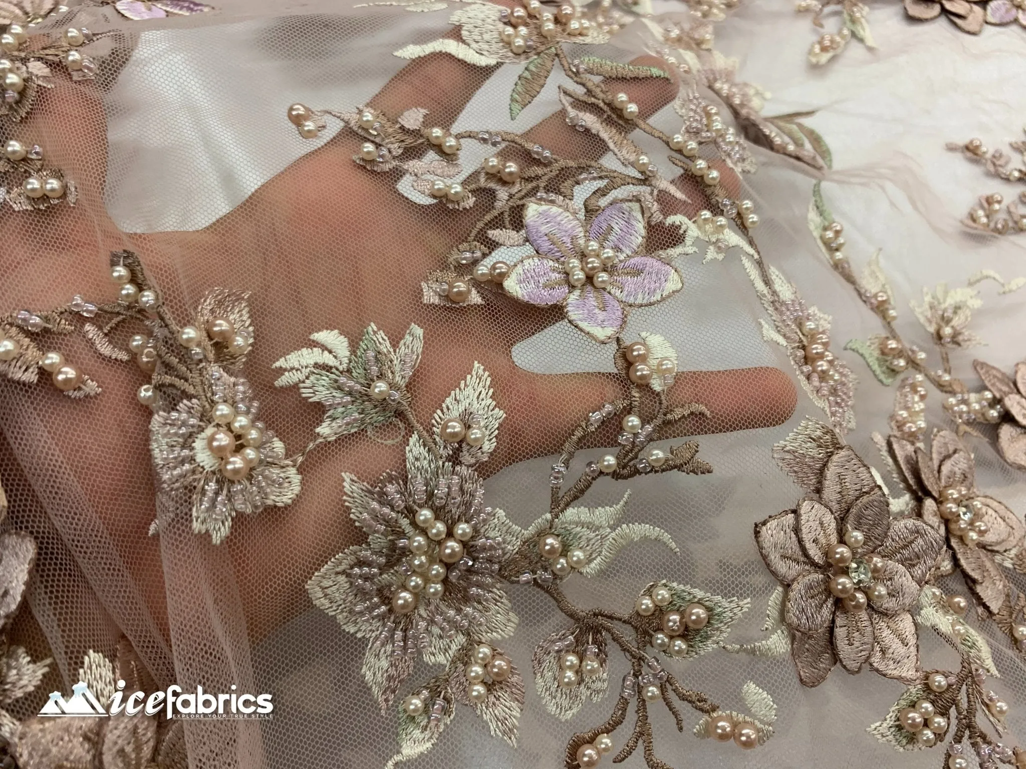 Embroidered Fabric/ 3D Flowers Beaded Fabric/ Lace Fabric/ Rose Gold