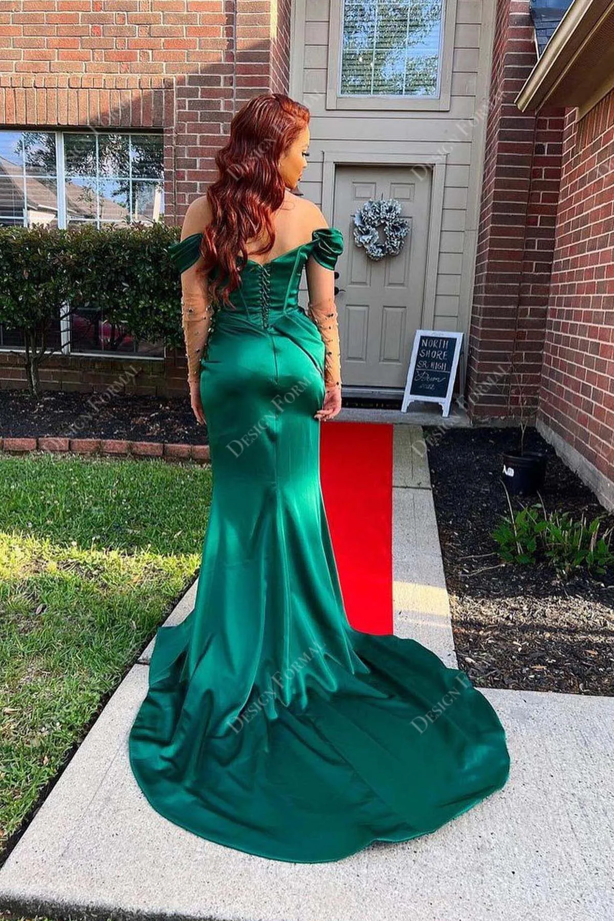 Emerald Off-shoulder Satin Slit Mermaid Custom Made Prom Dress