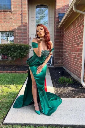 Emerald Off-shoulder Satin Slit Mermaid Custom Made Prom Dress