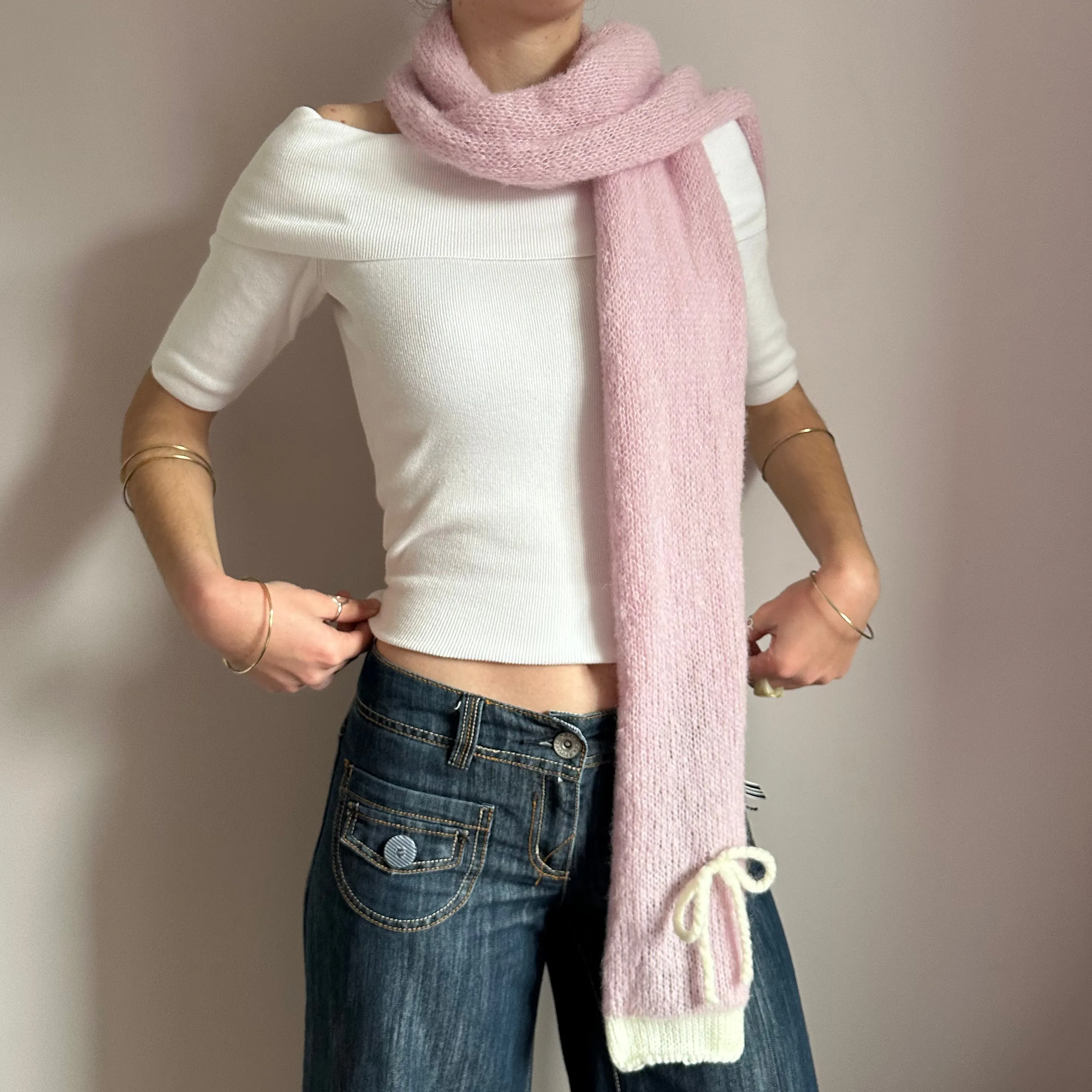 Handmade knitted baby pink and cream mohair bow scarf