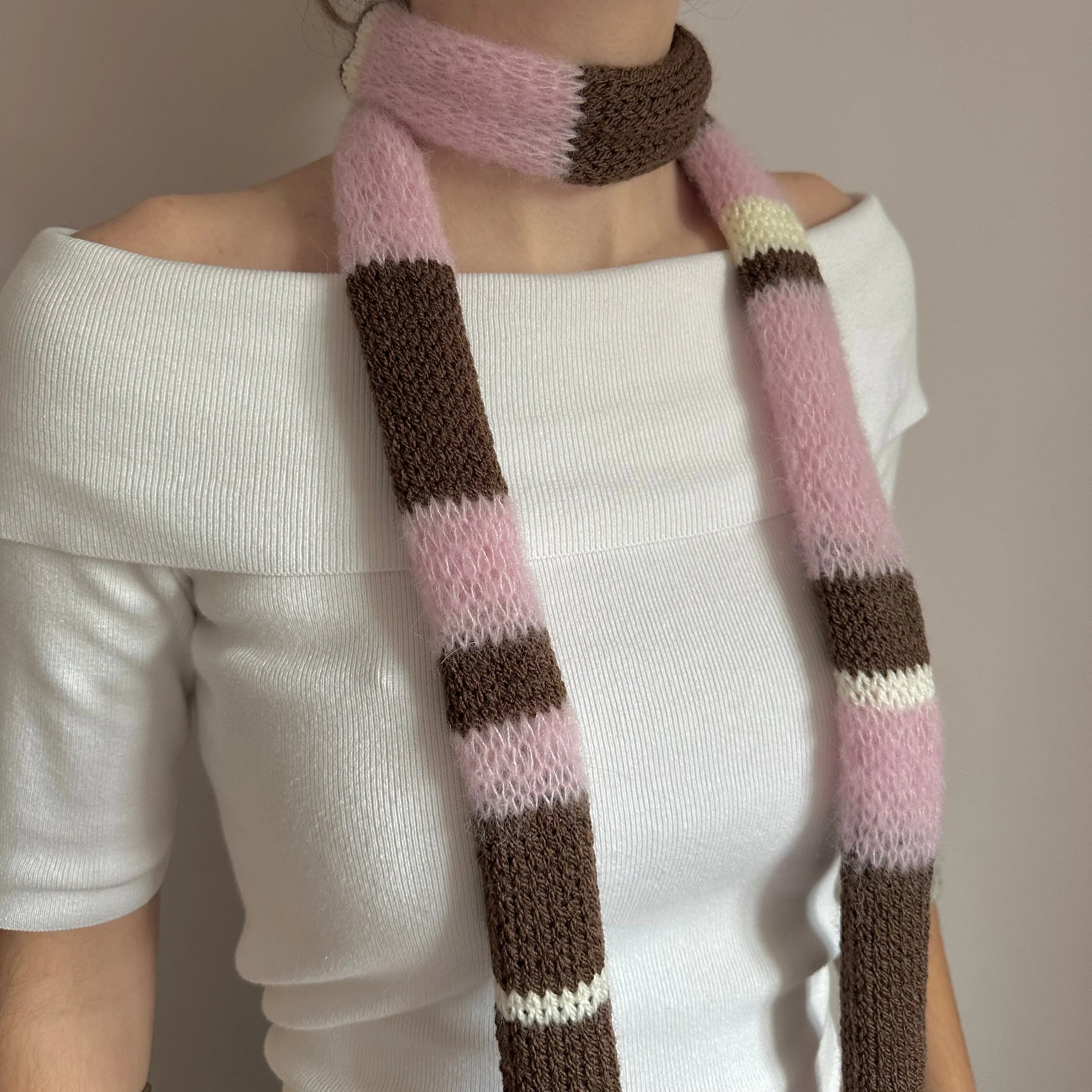 Handmade knitted brown, cream and baby pink striped skinny scarf