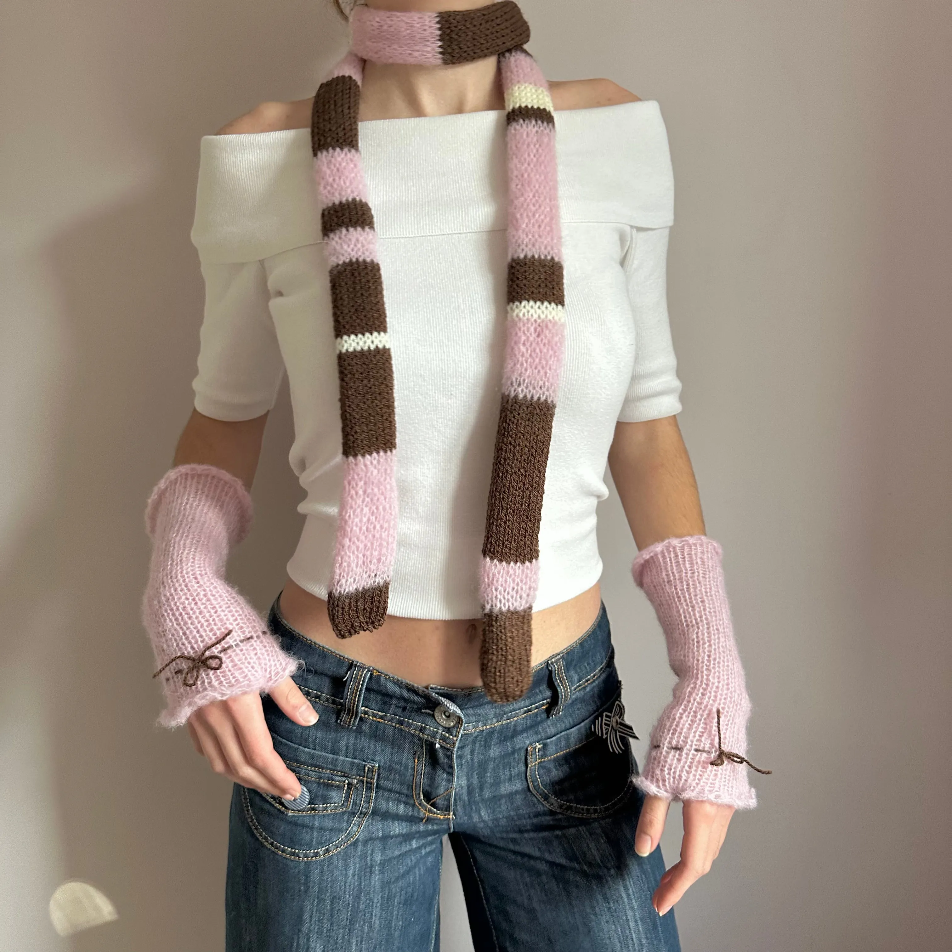 Handmade knitted brown, cream and baby pink striped skinny scarf