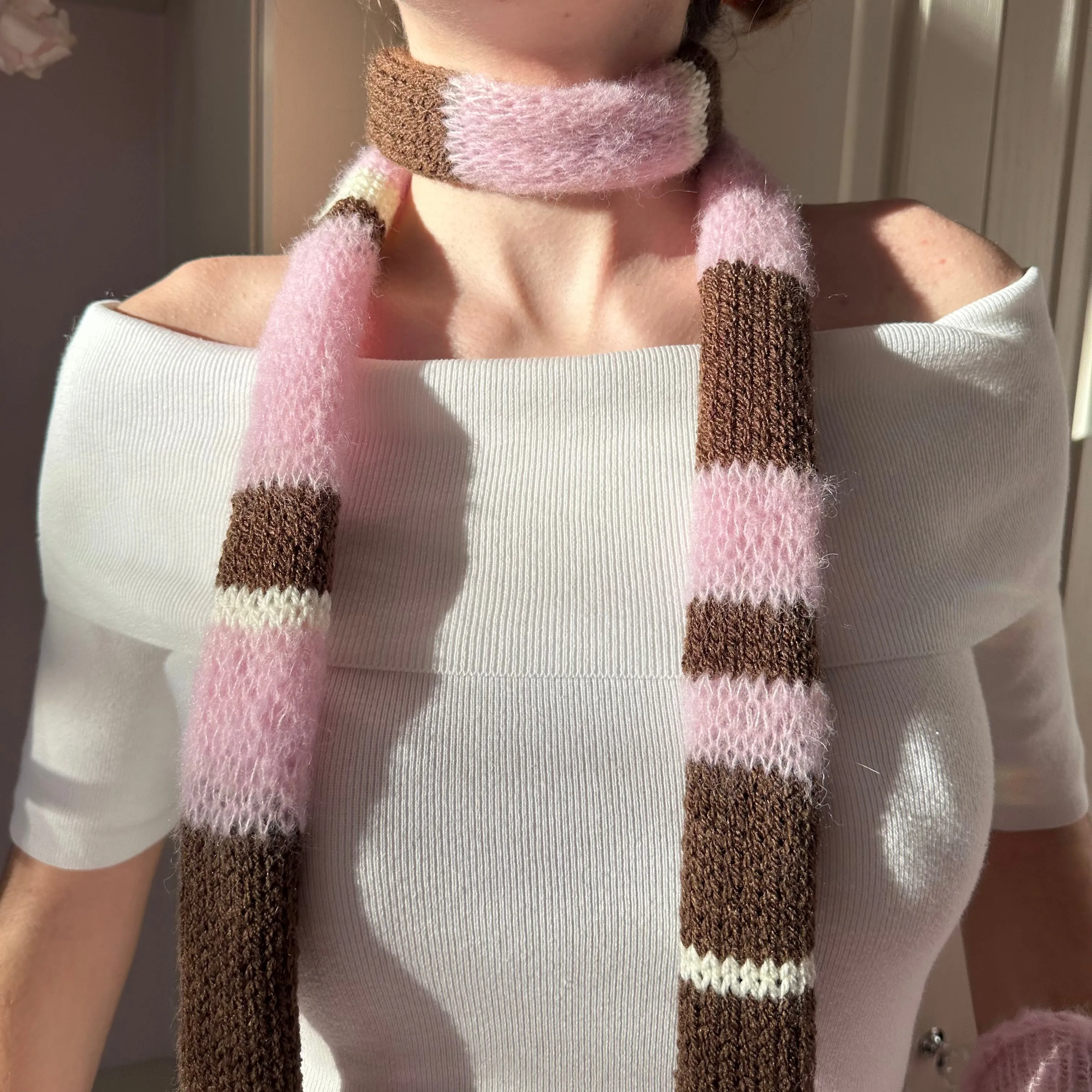 Handmade knitted brown, cream and baby pink striped skinny scarf