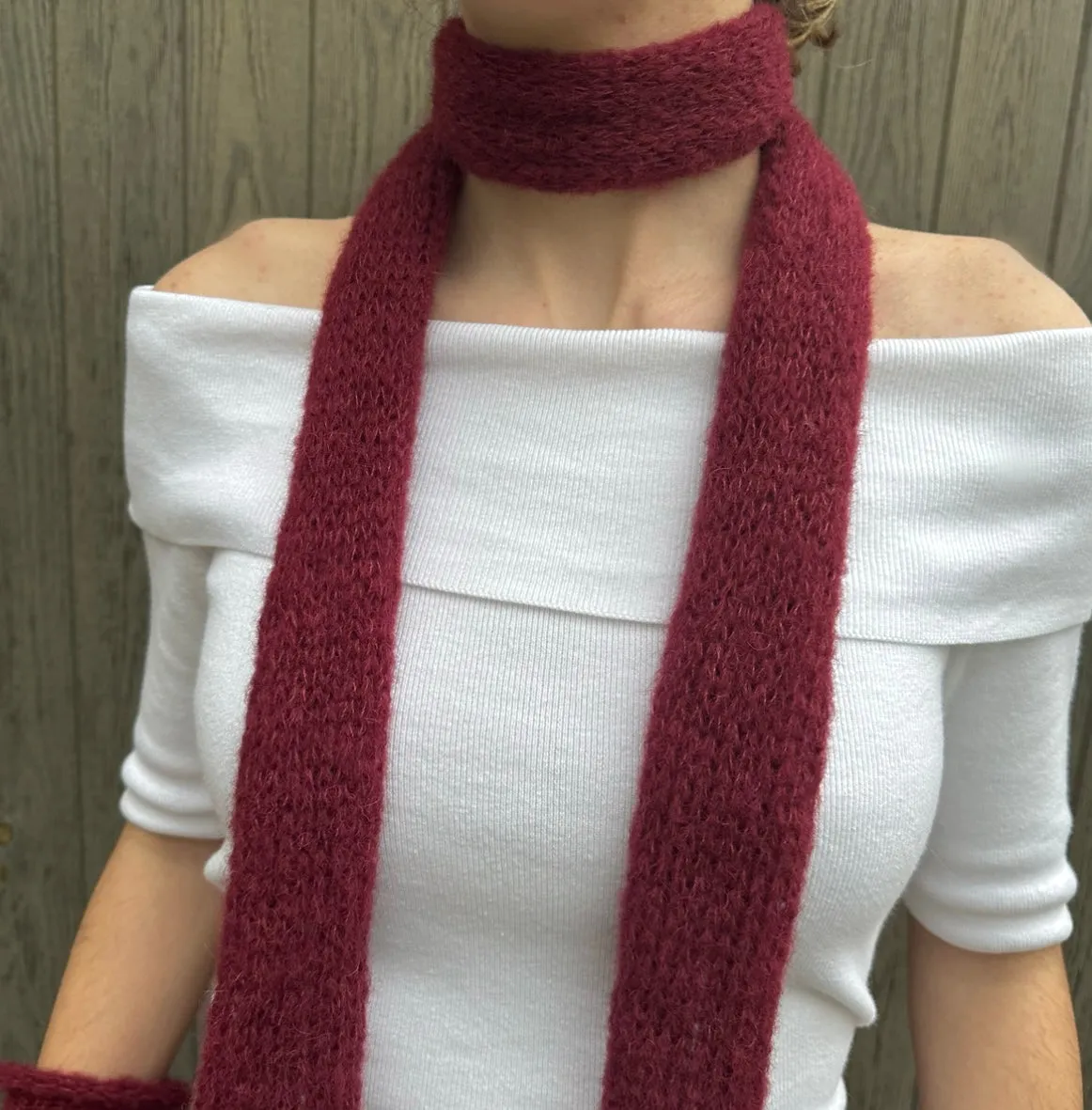 Handmade knitted mohair skinny scarf in burgundy