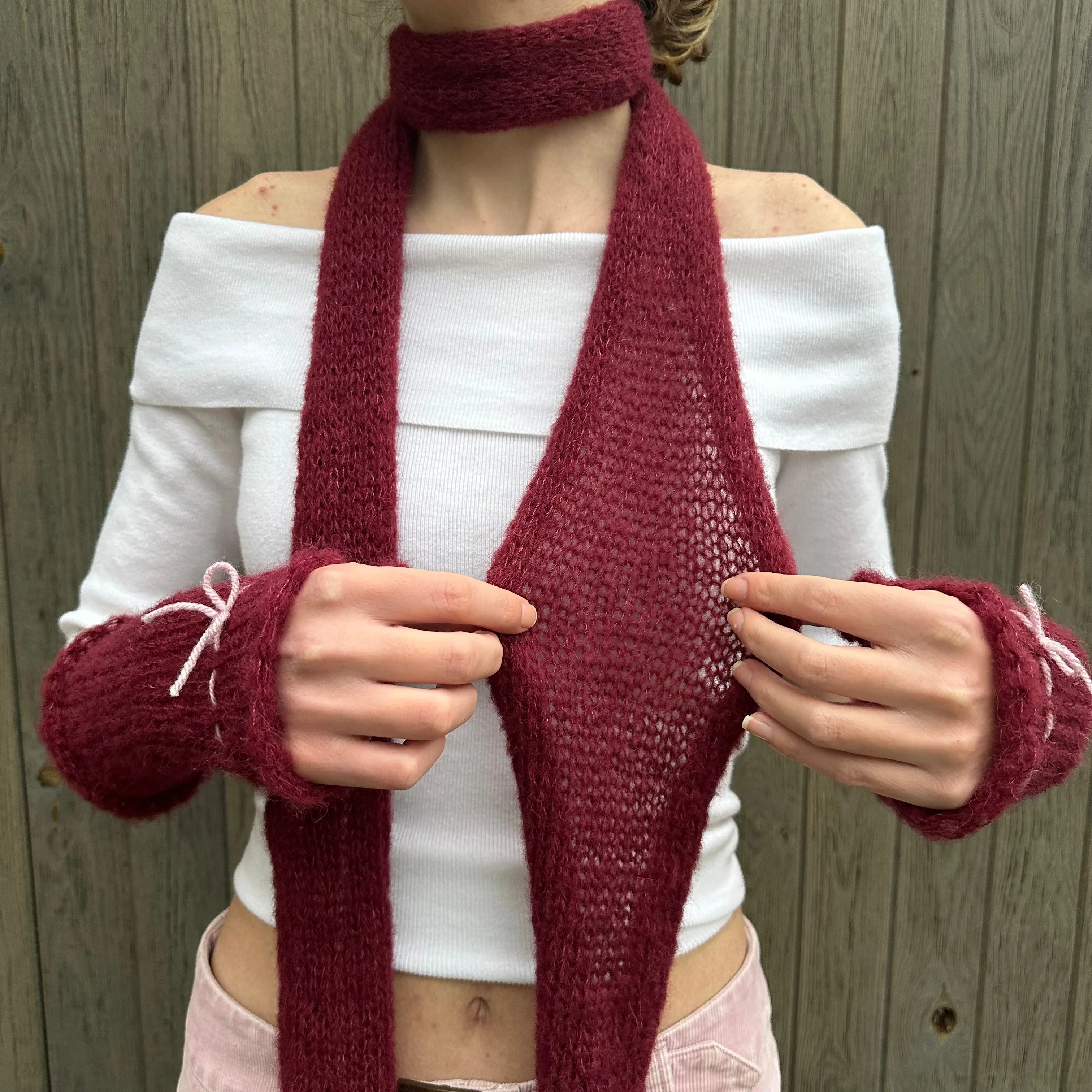 Handmade knitted mohair skinny scarf in burgundy