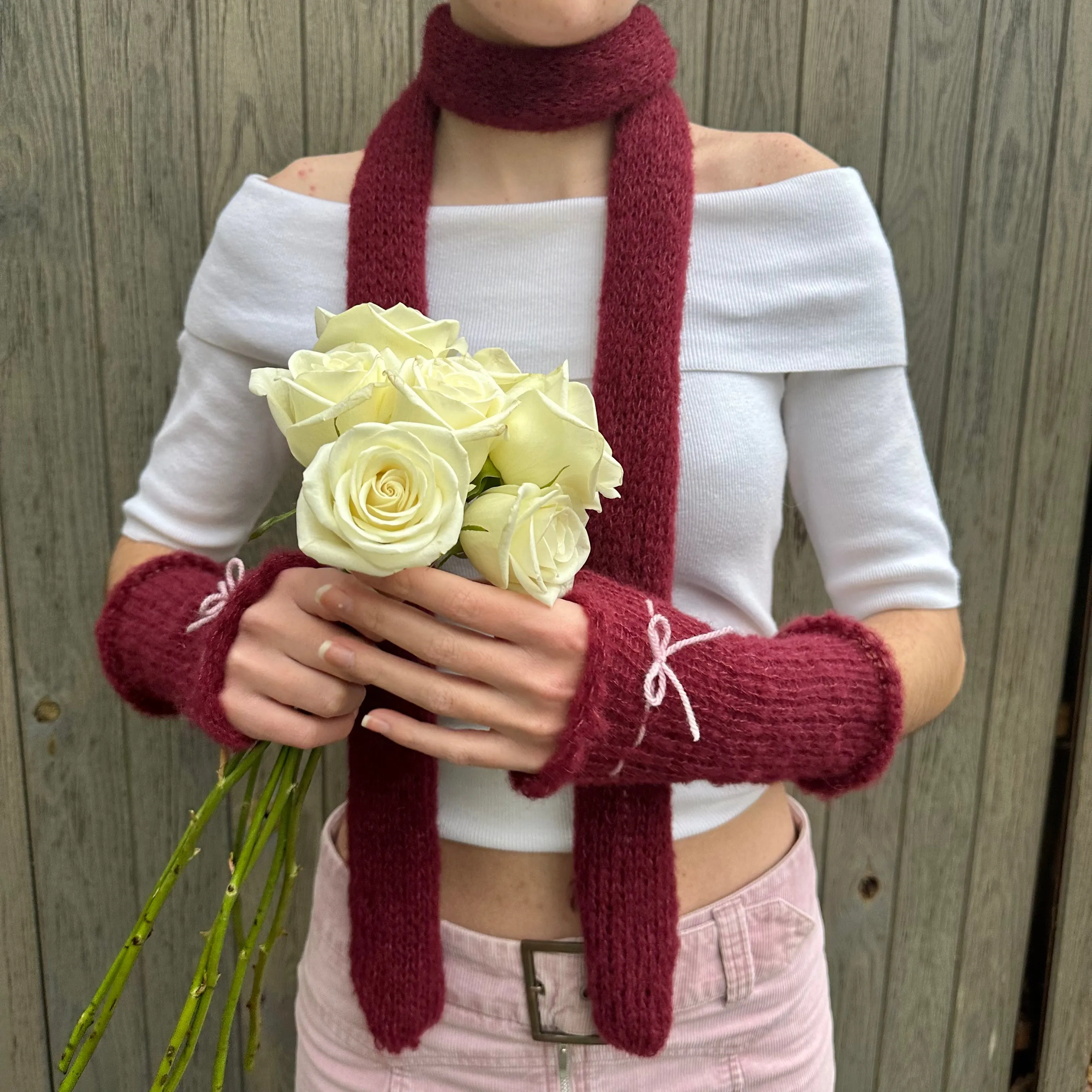 Handmade knitted mohair skinny scarf in burgundy