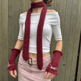 Handmade knitted mohair skinny scarf in burgundy