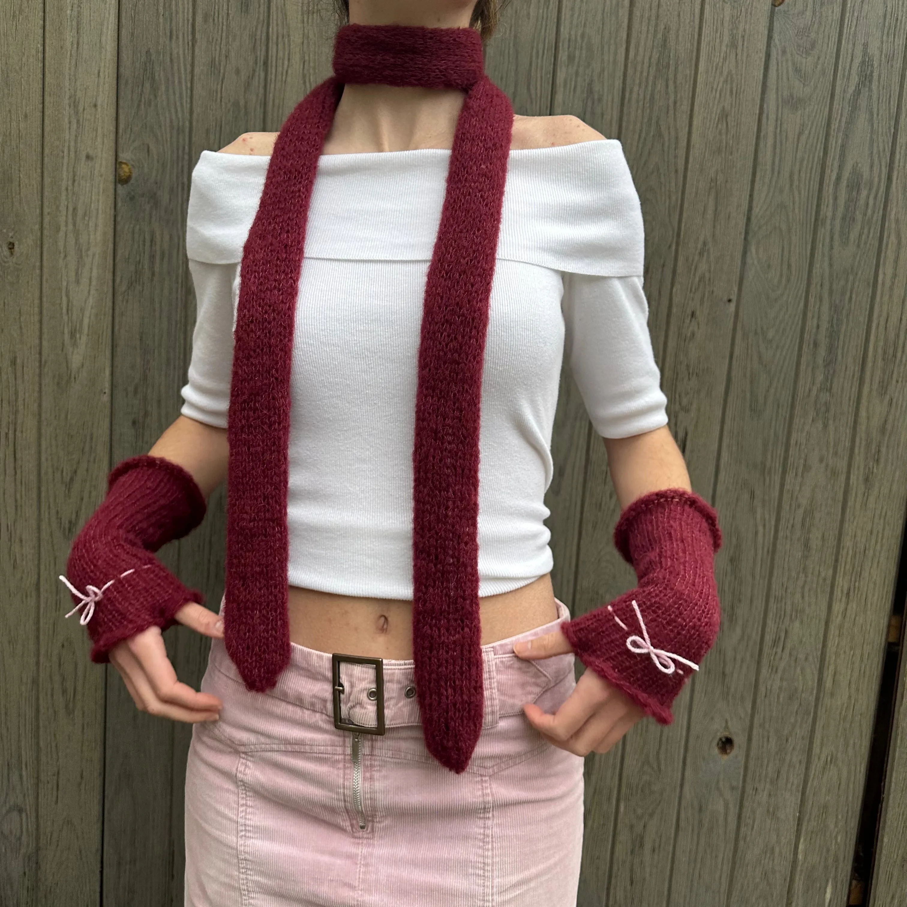 Handmade knitted mohair skinny scarf in burgundy