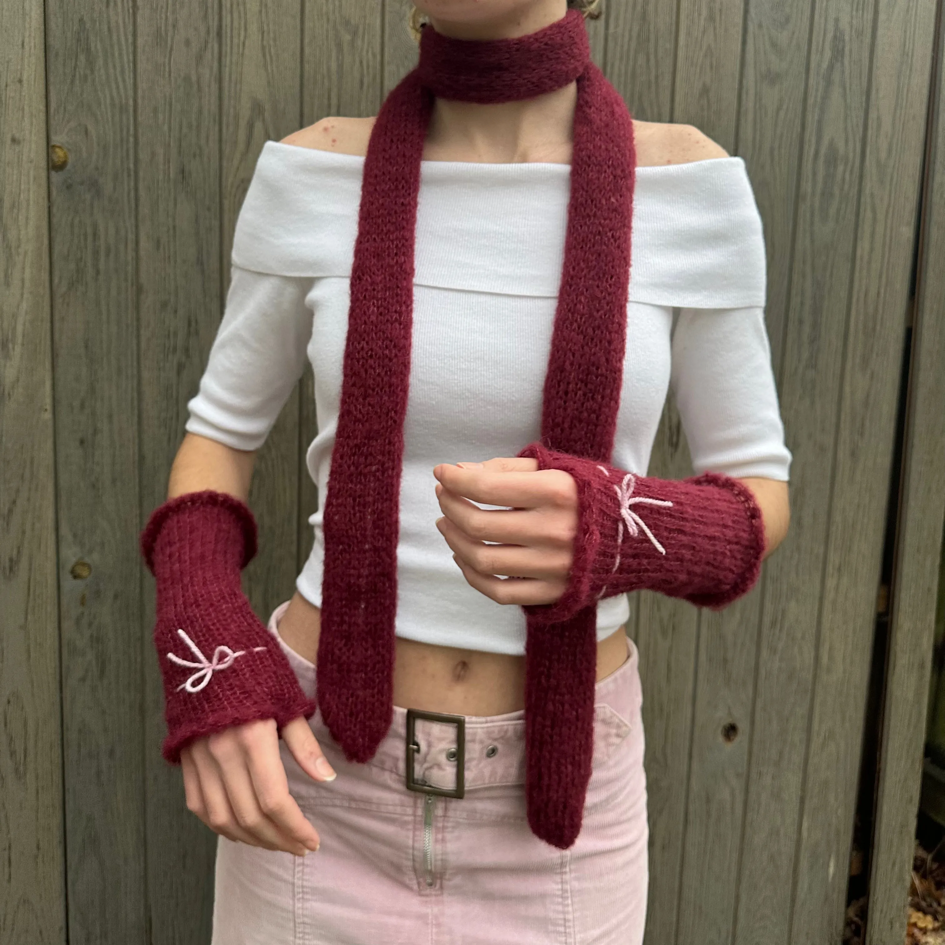 Handmade knitted mohair skinny scarf in burgundy