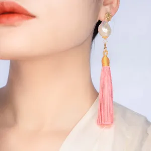 Large Baroque Pearl Charm Pink Silk Tassel Earrings