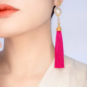 Large Baroque Pearl Deep Pink Silk Tassel Earrings