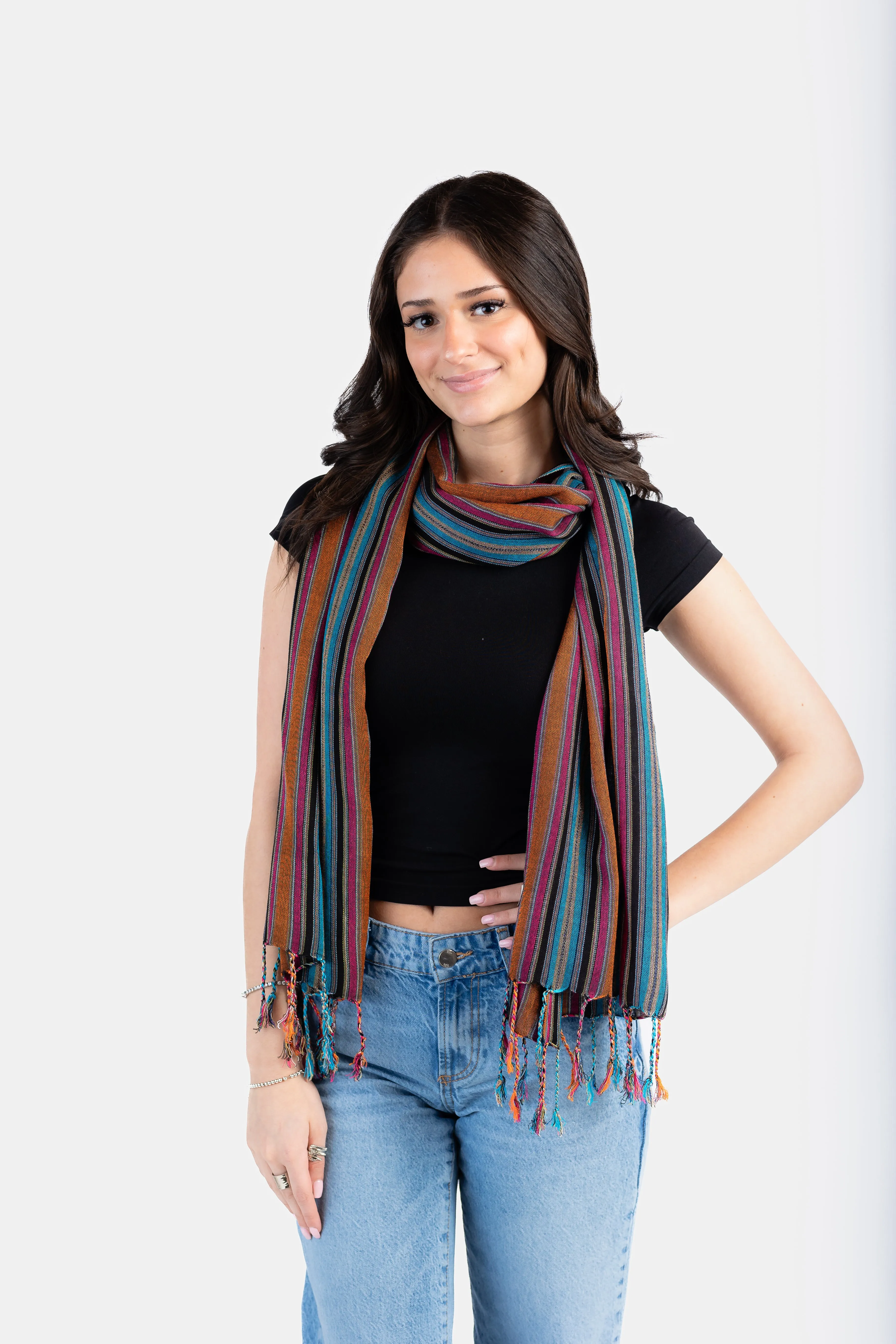 Mixed Striped Handwoven Bamboo Viscose Scarf - Black, Orange & Turquoise