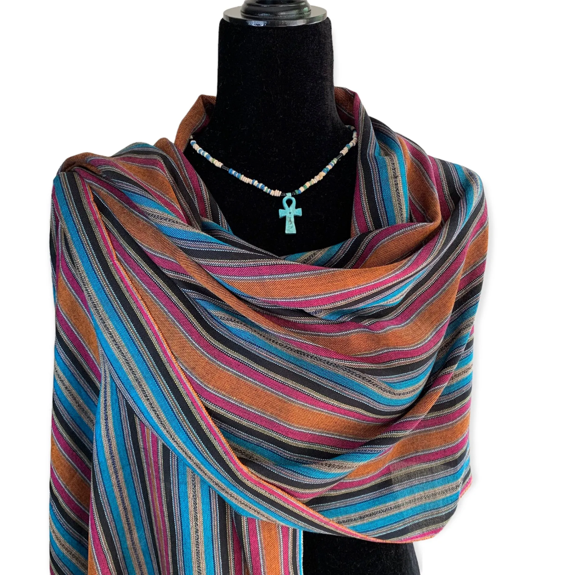 Mixed Striped Handwoven Bamboo Viscose Scarf - Black, Orange & Turquoise