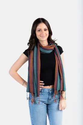 Mixed Striped Handwoven Bamboo Viscose Scarf - Black, Orange & Turquoise