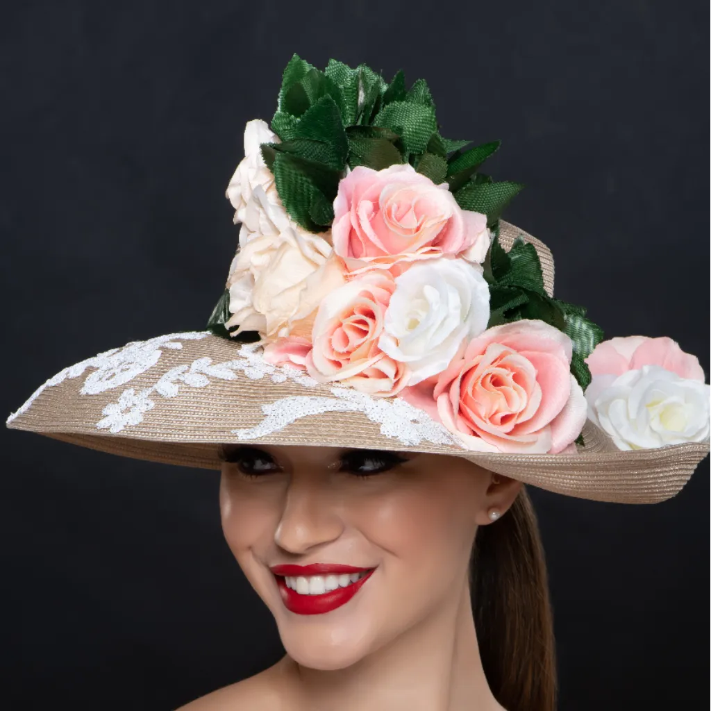 NA1417-Tan color ladies dress hat with flowers and green leaf trim