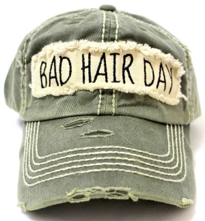 New! Olive "BAD HAIR DAY" Embroidery Patch Baseball Cap