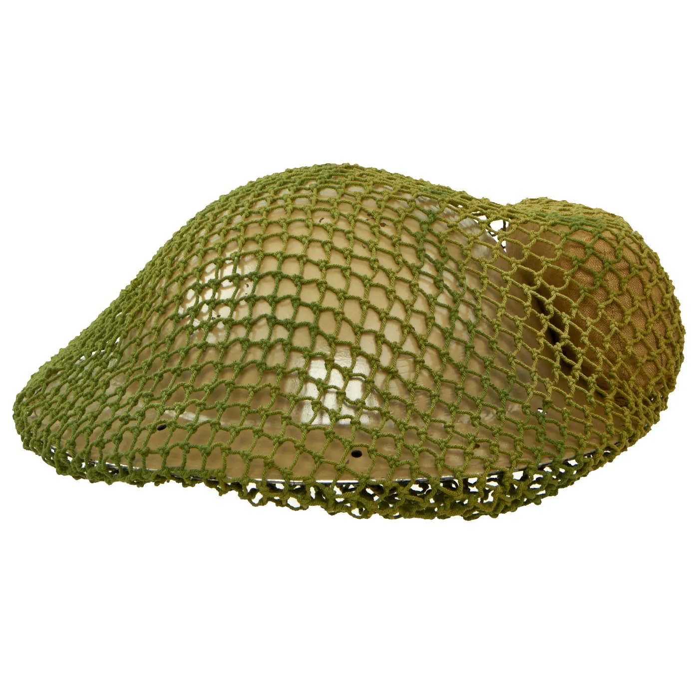 Original British WWII Desert Camouflage Painted MkII Brodie Steel Helmet with Dual Color Helmet Net and Australian Shell Dressing - Dated 1940