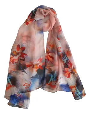 Pink and Blue Print Chiffon Silk Scarf