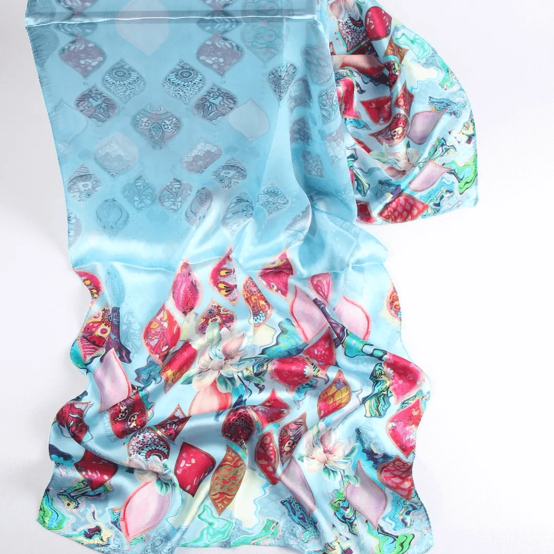 Silk Scarf Collections|Blossom Range|Tropical Sea design|Blue|Long Silk Scarf