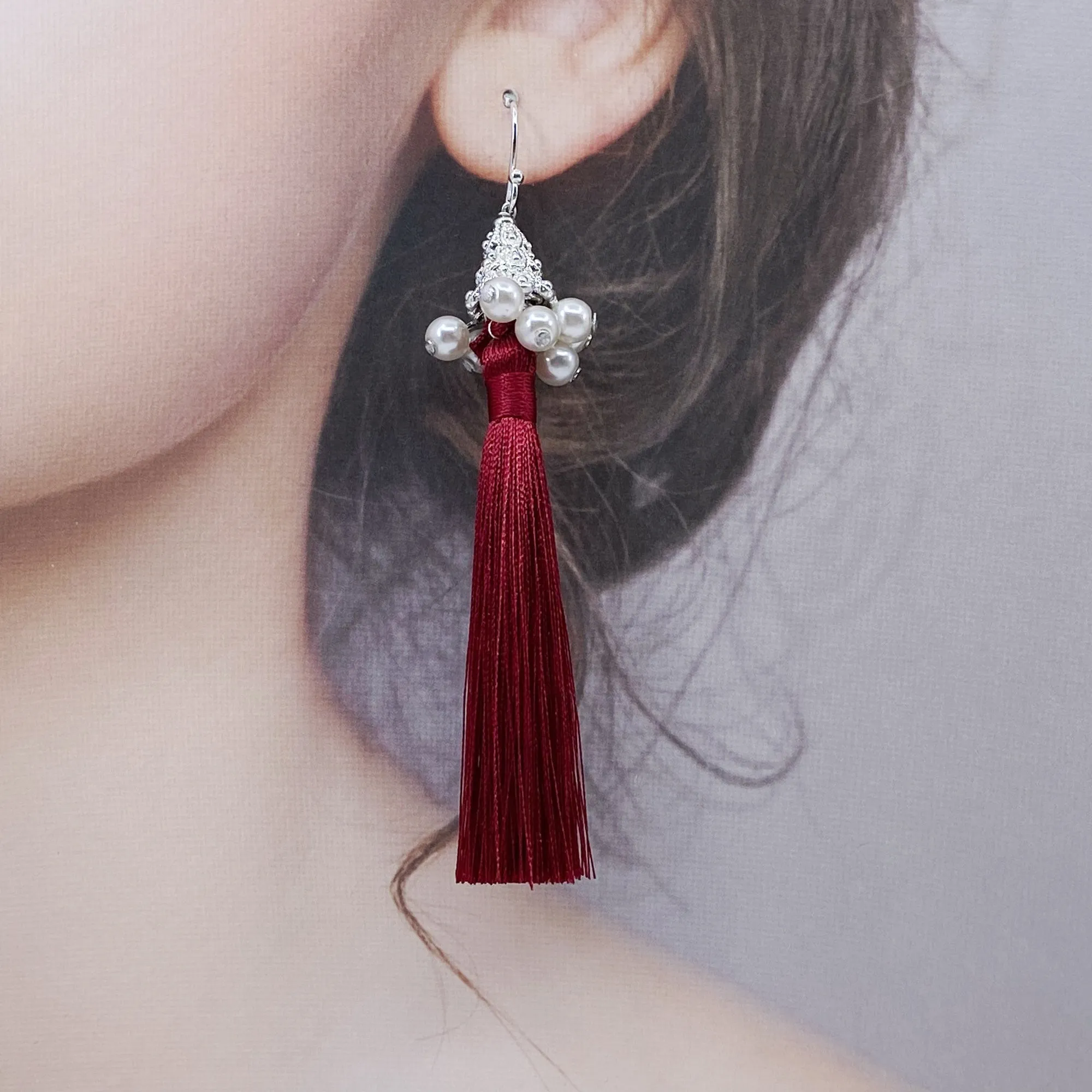 Silver Red Silk Tassel Earrings Short