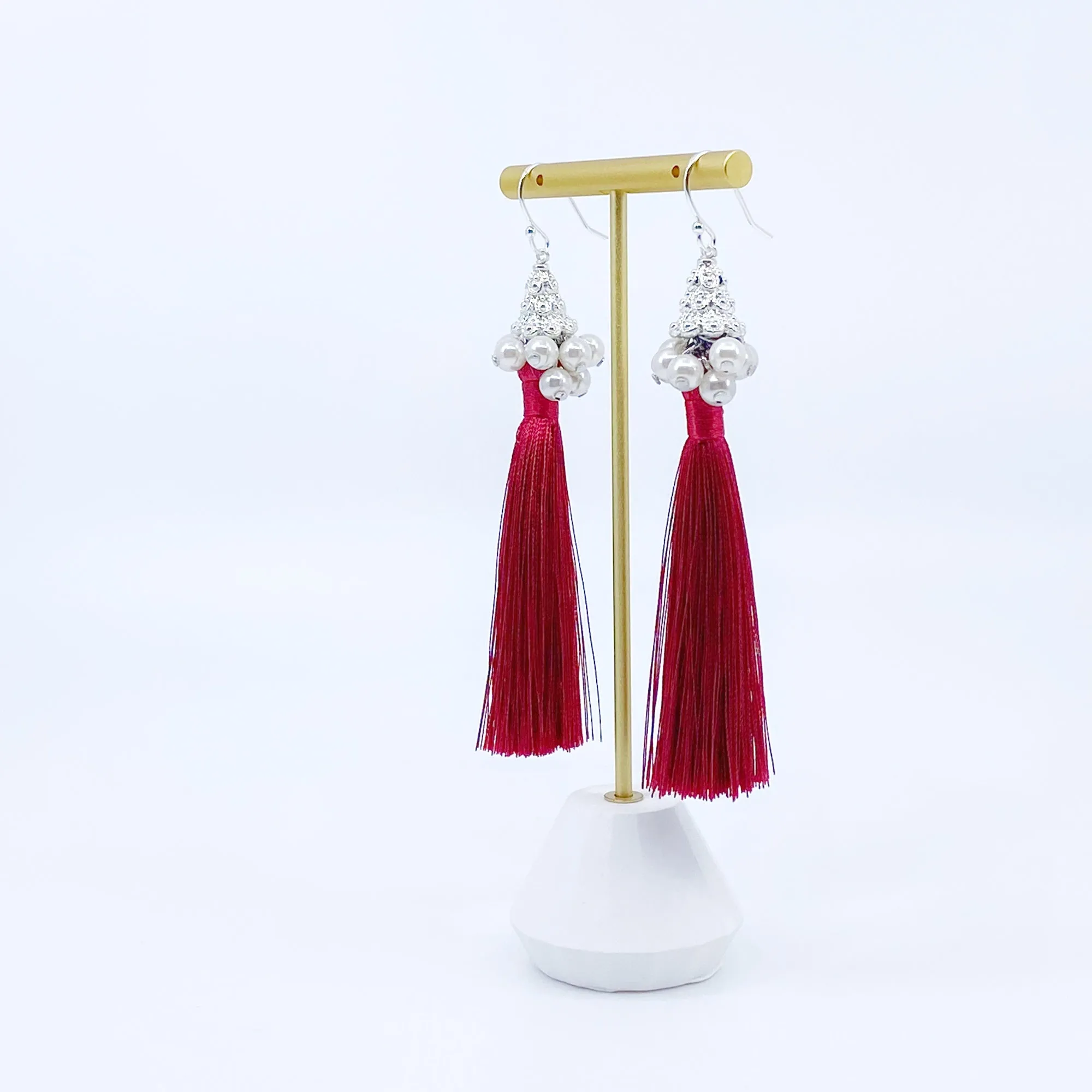 Silver Red Silk Tassel Earrings Short