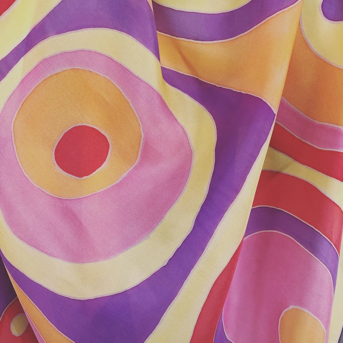 “Warm Circles" - Hand-dyed Silk Scarf - $135